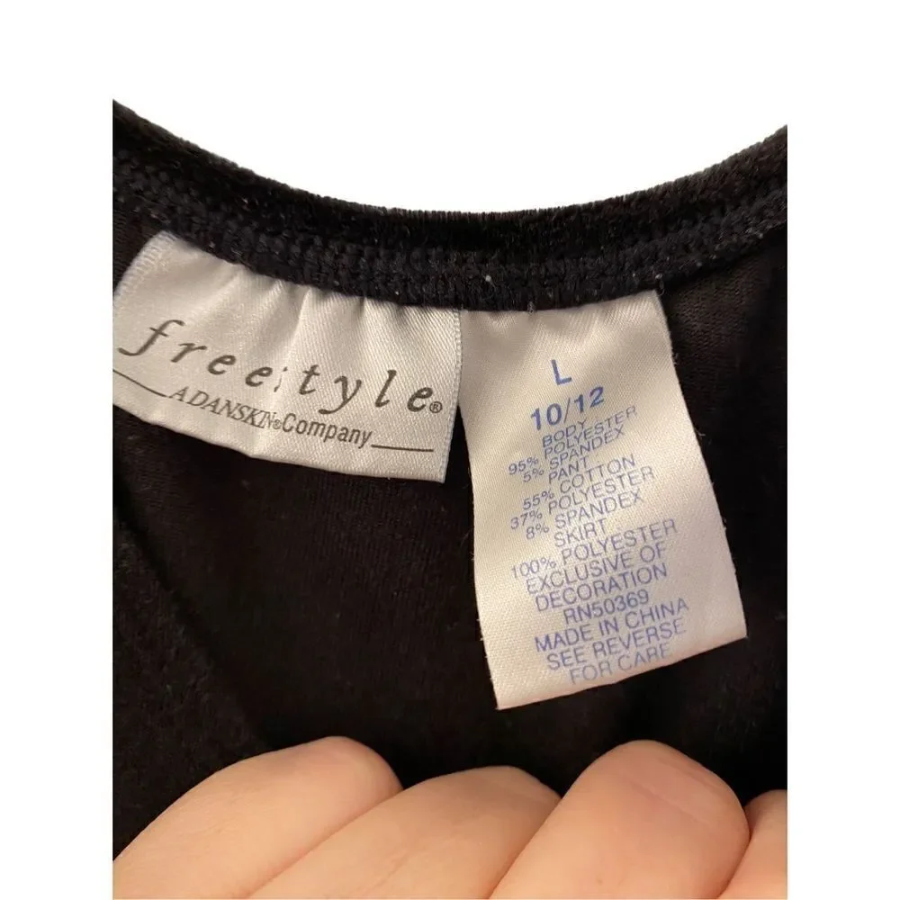 Danskin girls, freestyle, black velvet and cheer skirt. Leotard size L/10/12.